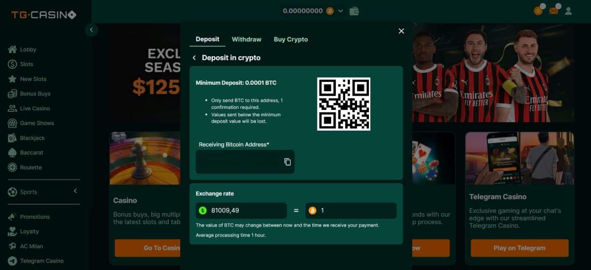 TGCasino Guthaben einzahlen oder BTC kaufen